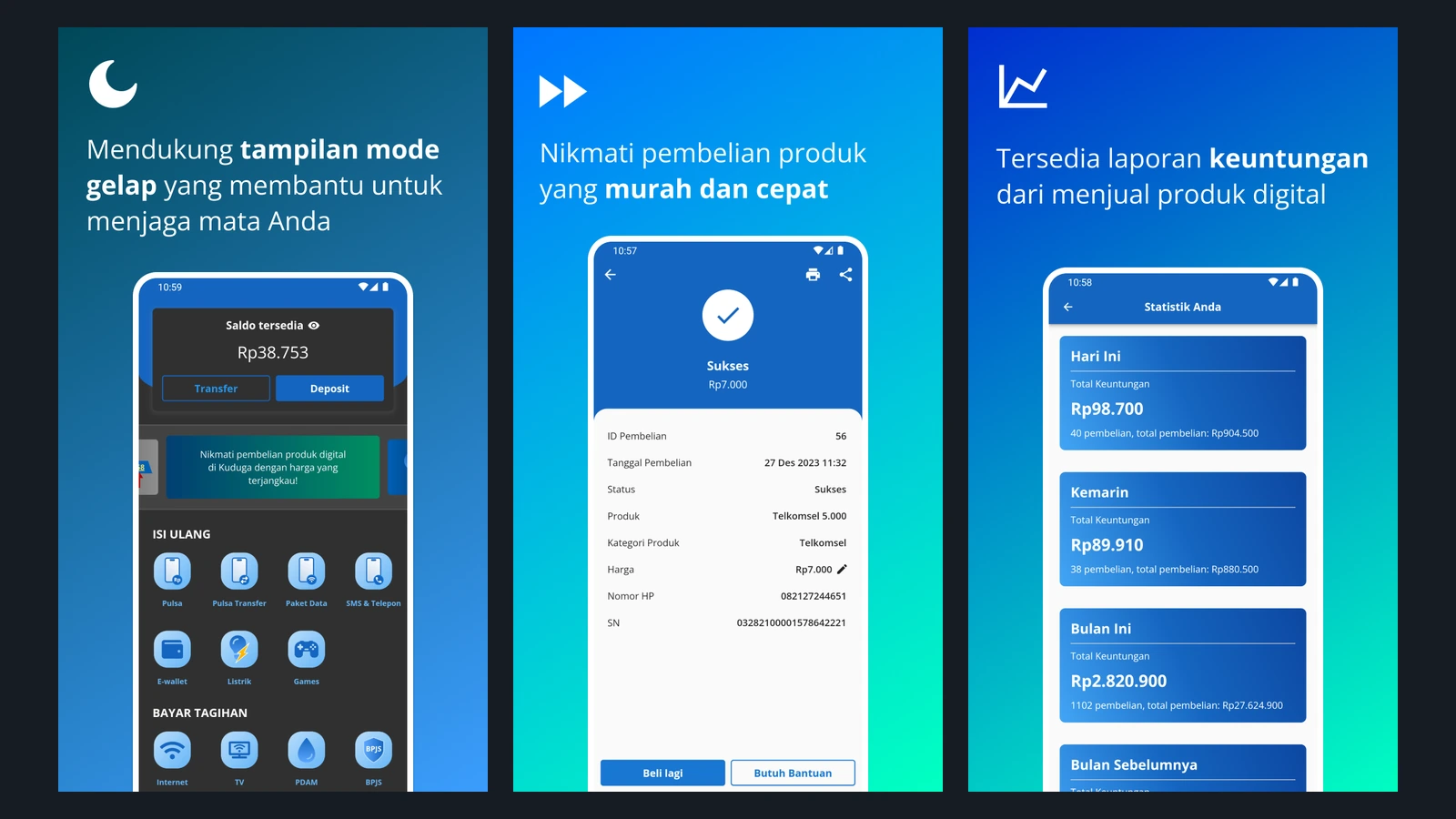 Kuduga screenshots showing dark mode, purchase receipts, and profit statistics