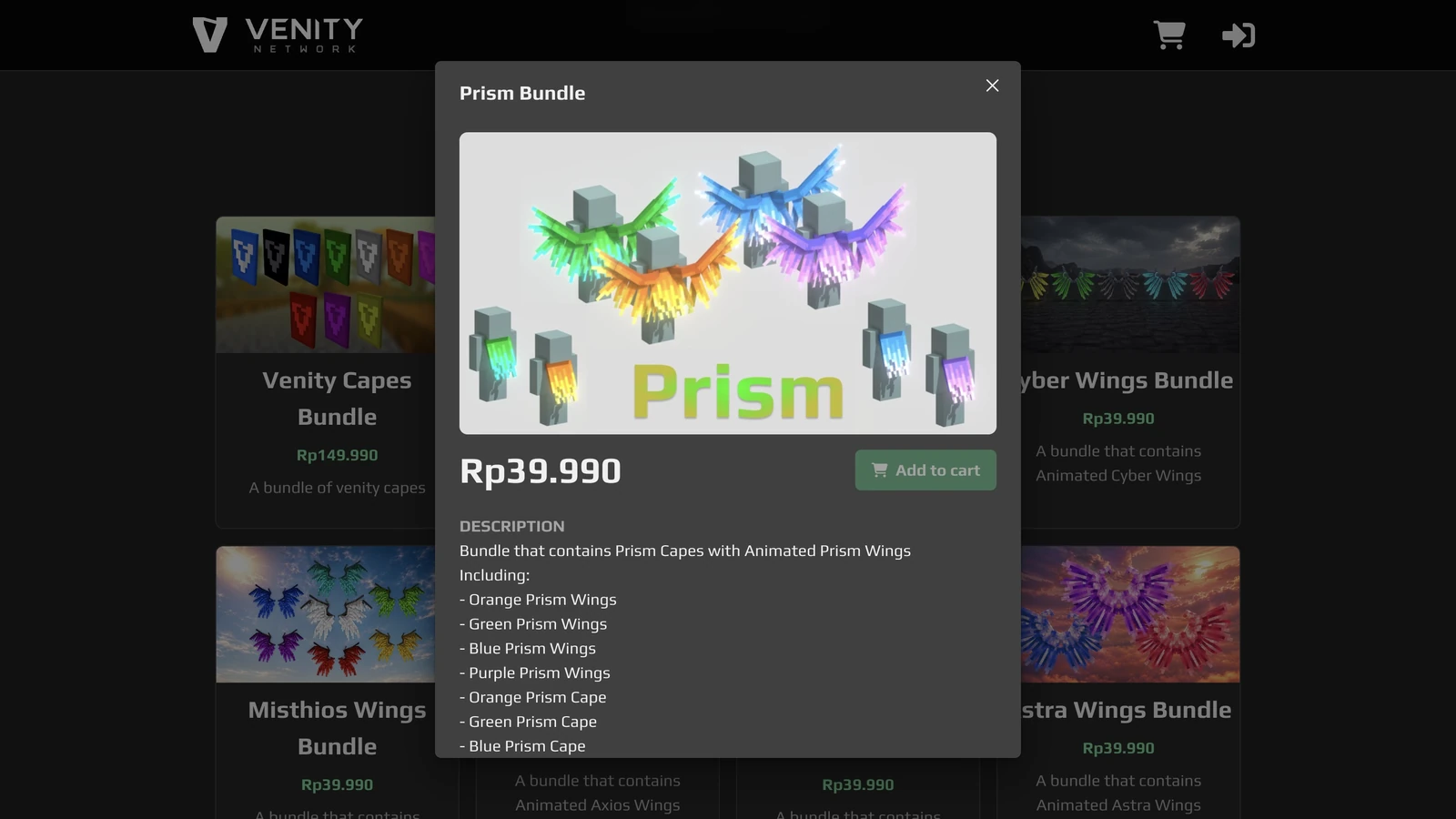 Venity Store Prism Bundle dialog showing cosmetic wings, capes, and pricing
