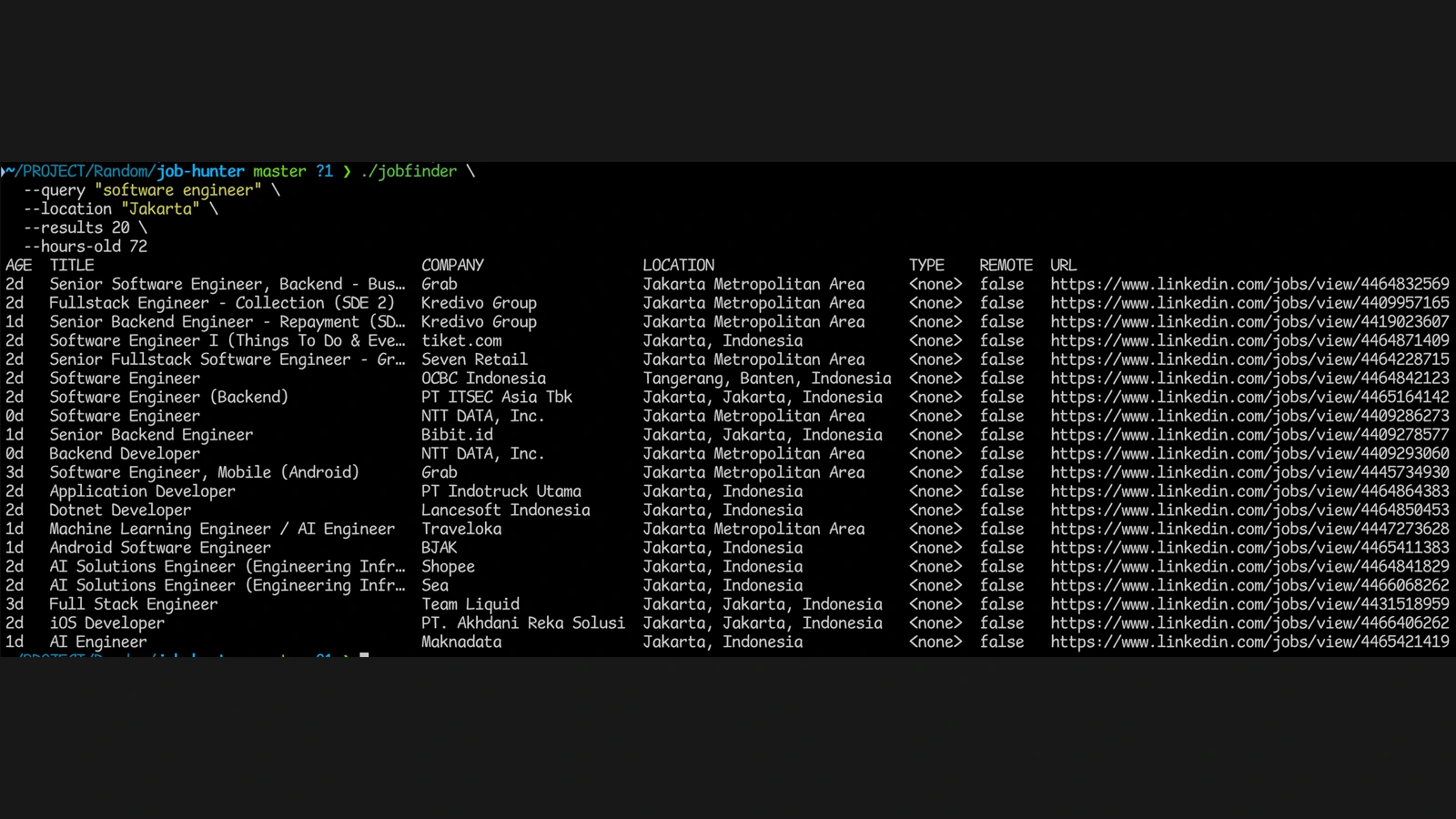 jobfinder terminal output listing software engineering jobs in Jakarta