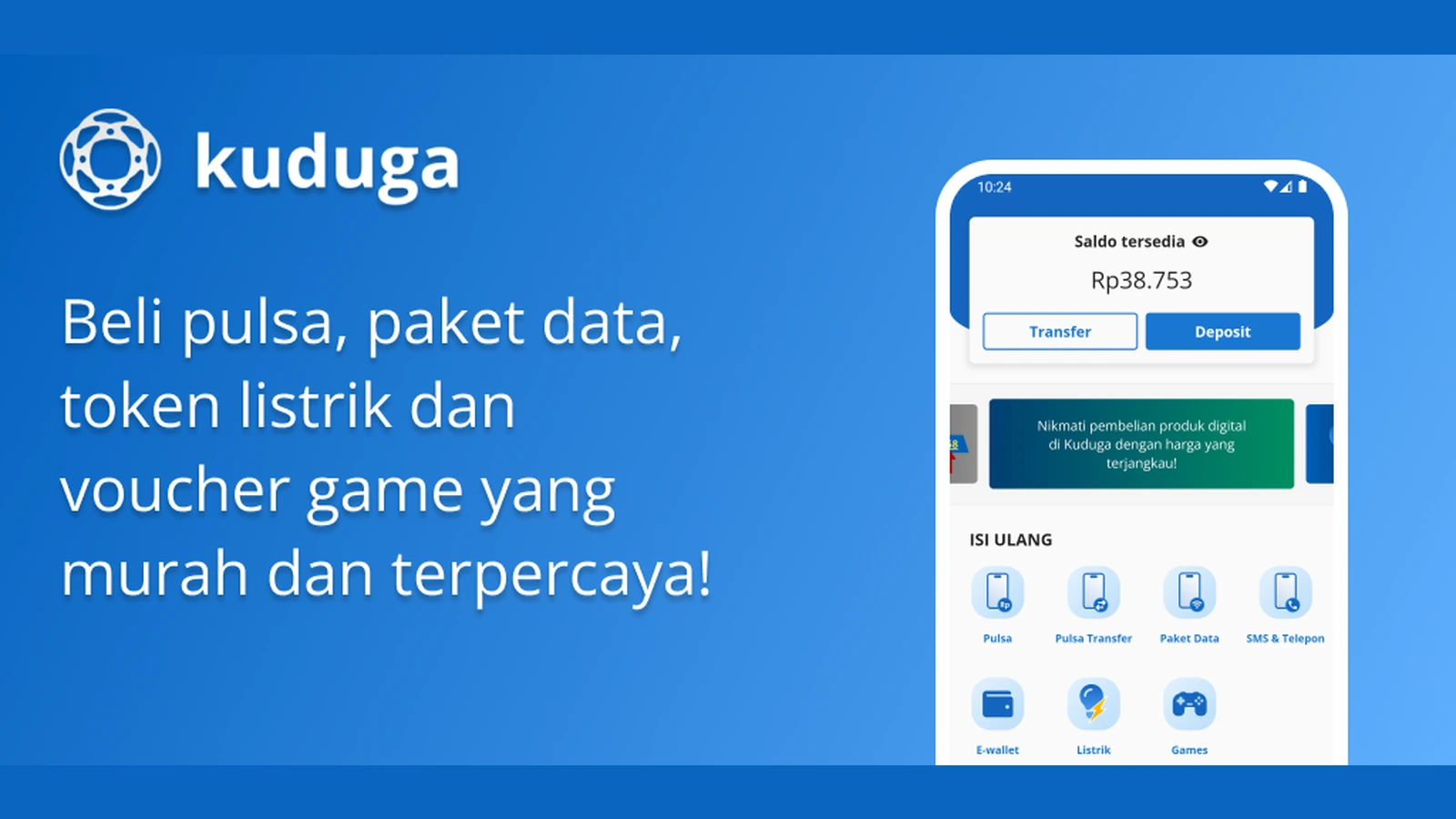 Kuduga app overview showing its home dashboard and digital-product categories