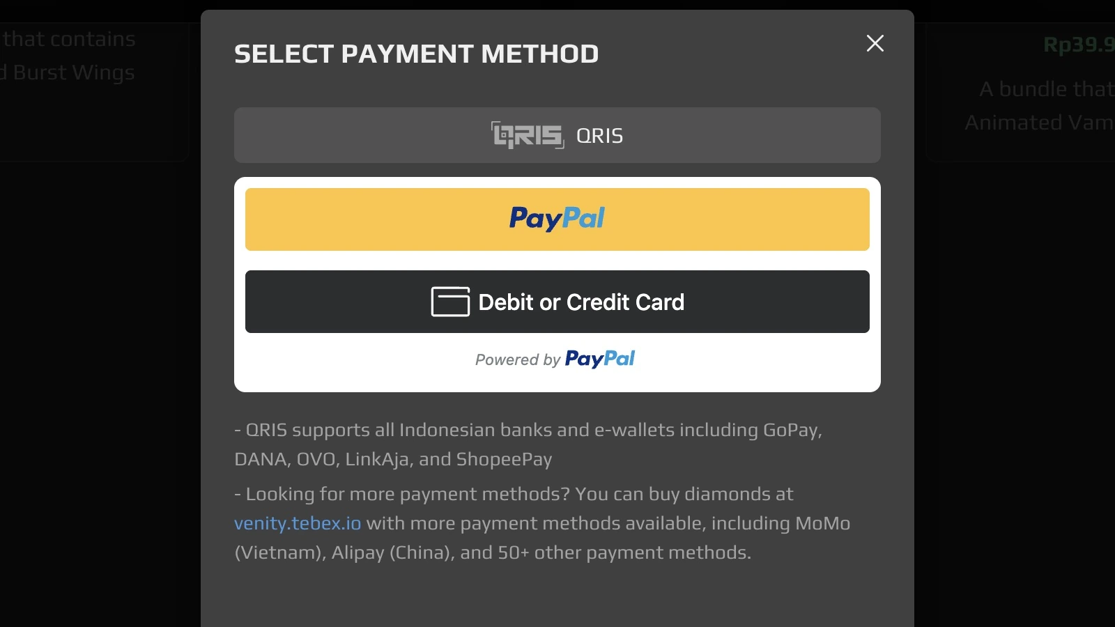 Venity Store checkout payment selector with QRIS, PayPal, and debit or credit card options