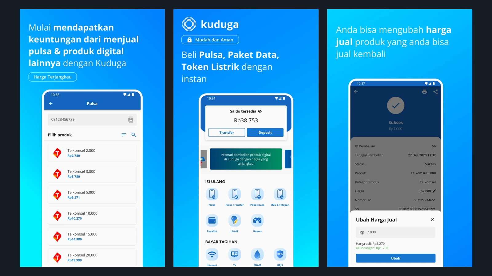 Kuduga screenshots showing mobile credit products, the dashboard, and resale price editing