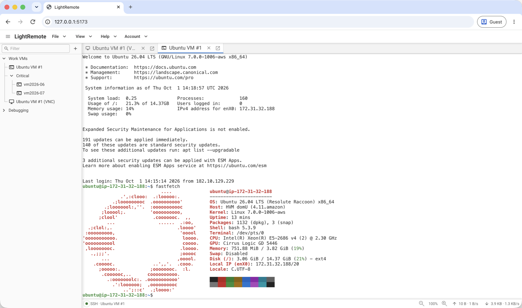 LightRemote connected to an Ubuntu server through an SSH terminal